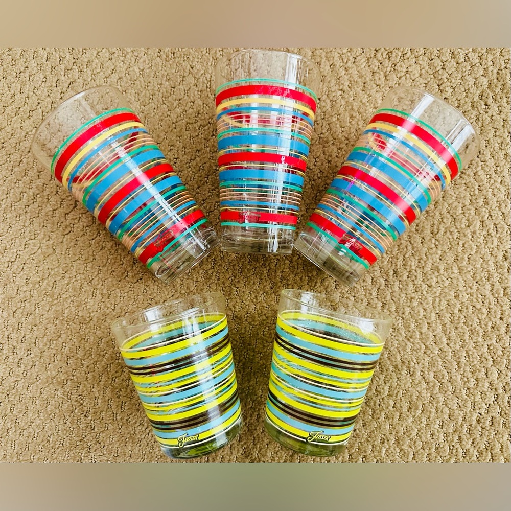 5 Vintage Fiestaware Glasses Striped Colorful Cups Juice Glass •